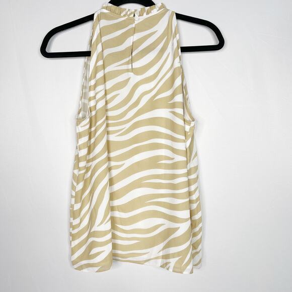 New Ann Taylor Medium Cream Tan Zebra Print Ruffle Smocked Neck Sleeveless Top - Picture 2 of 12